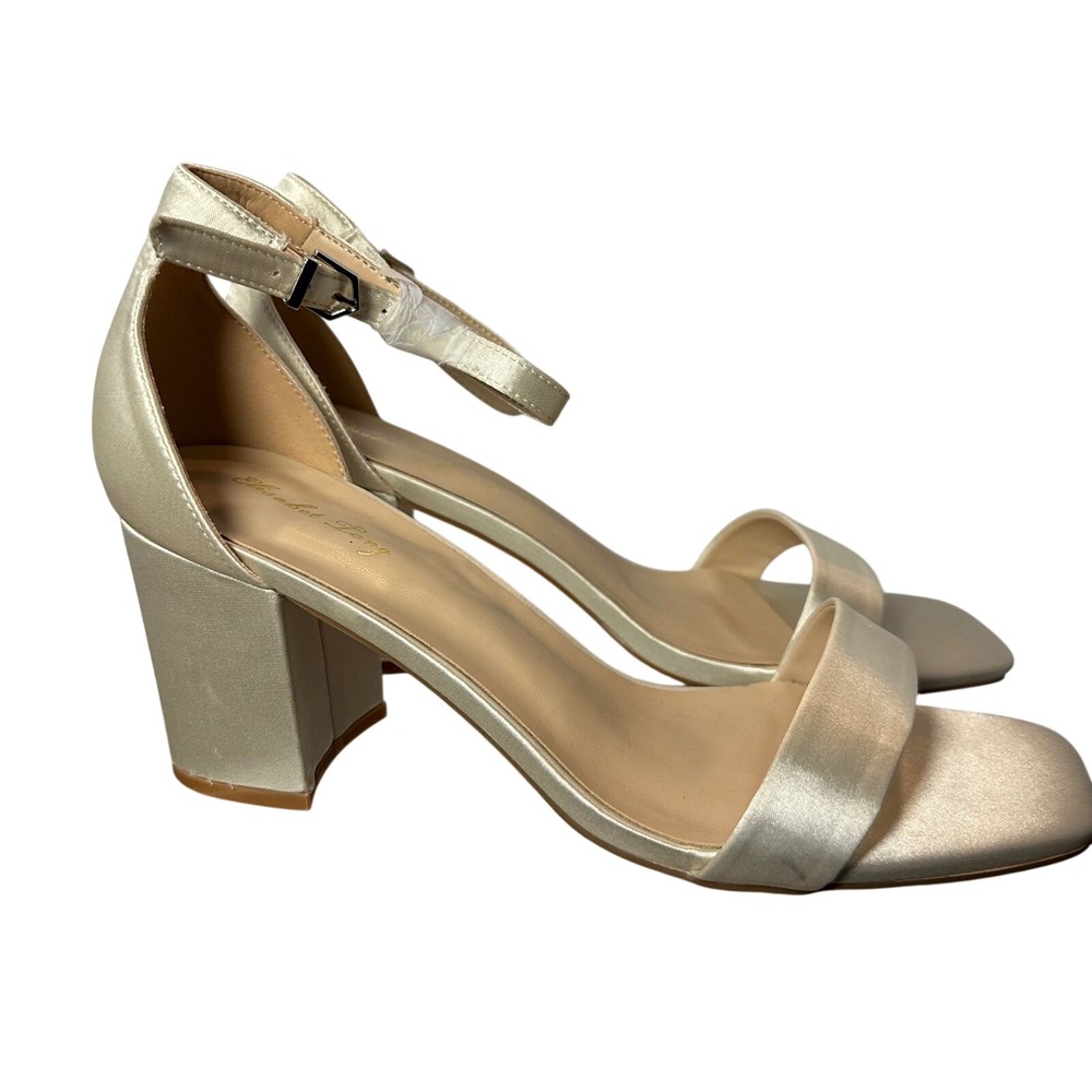 Elisabet Tang Champagne Satin Block Heel Sandals Square Toe Ankle Strap Womens